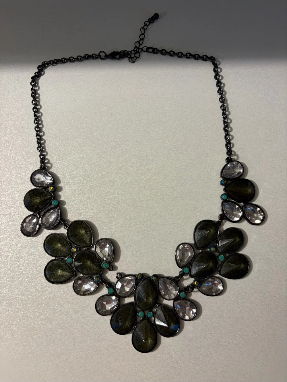 Statement Petal Necklace in Dark Olive with Clear and Turquoise Accents